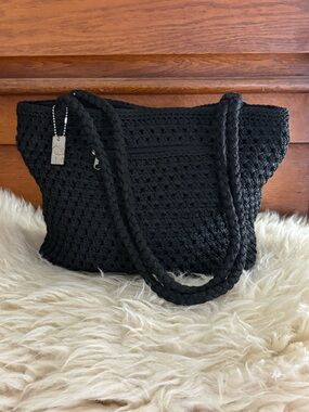 Lina Black Crochet Crossbody Zippered Bag